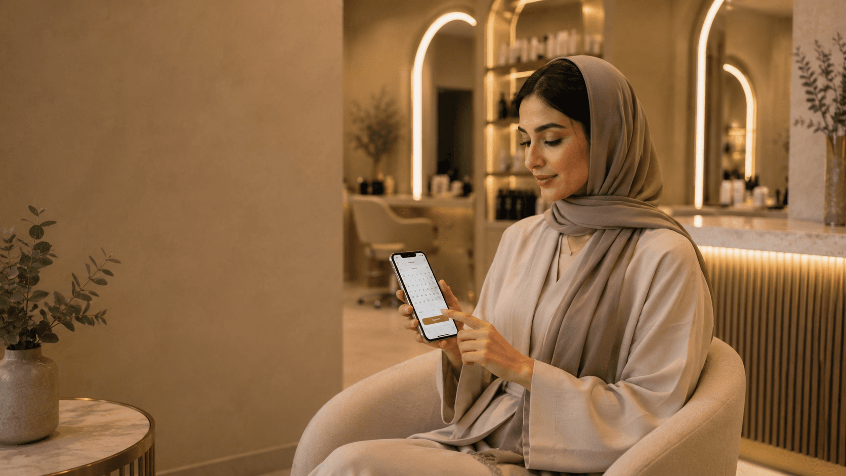 Customer selecting an appointment time on her phone inside a refined wellness salon.