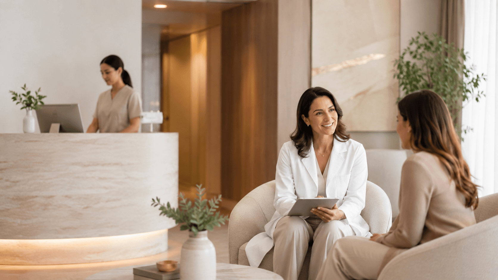 Doctor speaking with a patient inside a modern clinic reception area.