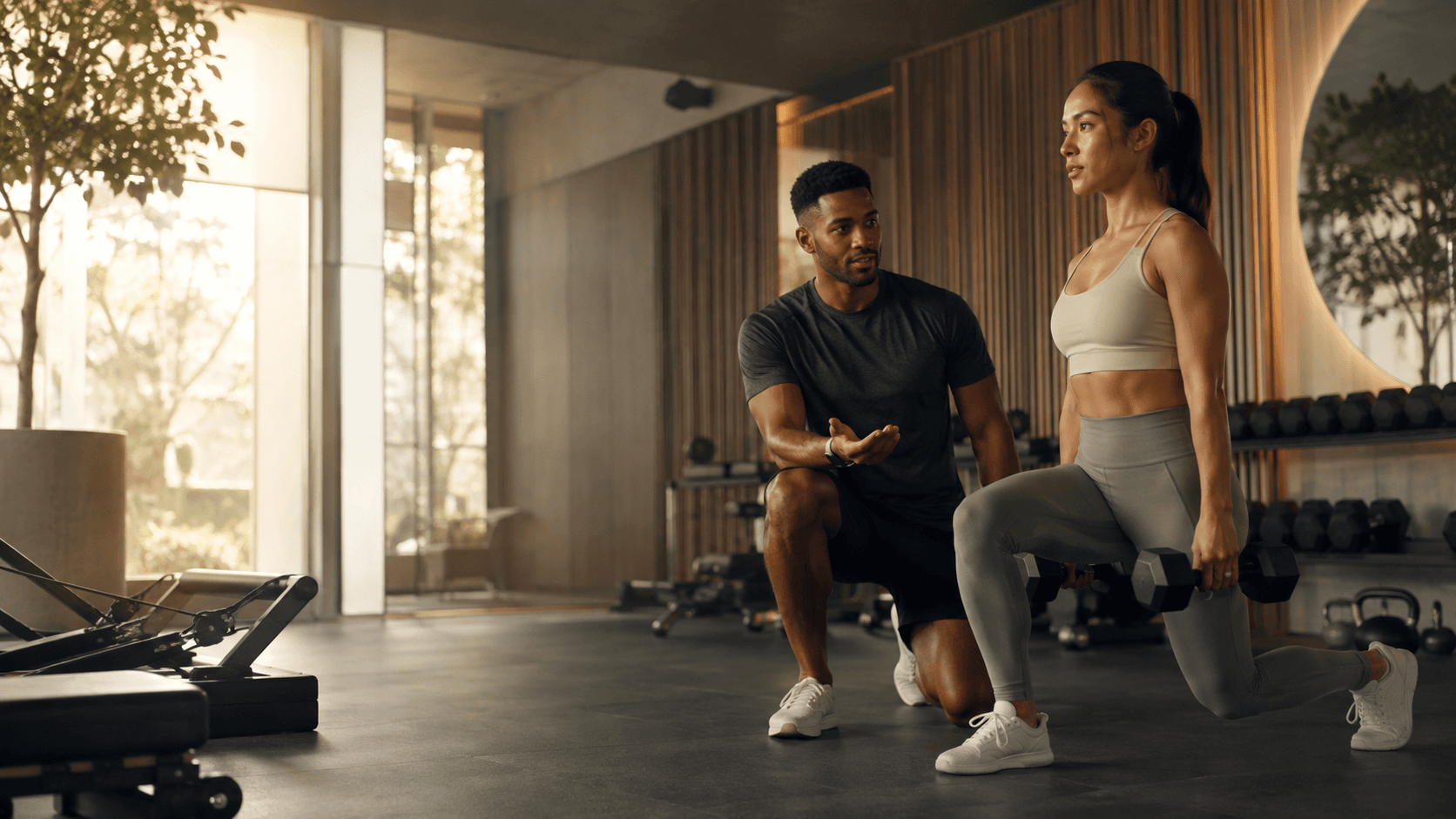 Personal trainer coaching a member inside a boutique fitness studio.