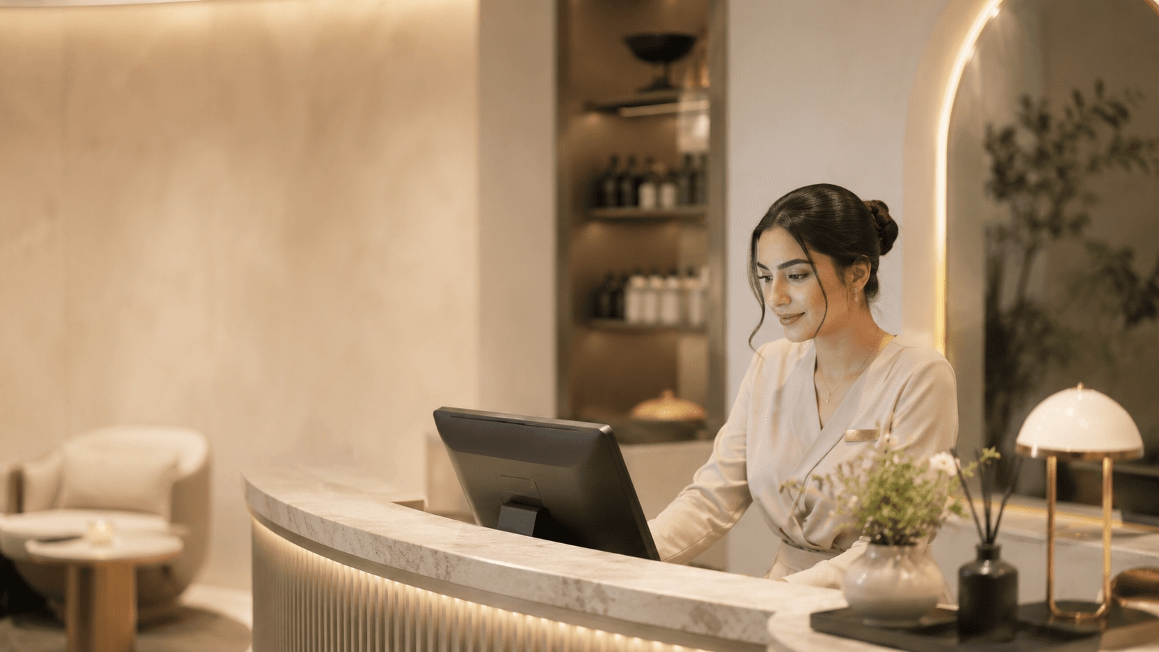 Receptionist managing appointments at a modern salon front desk.