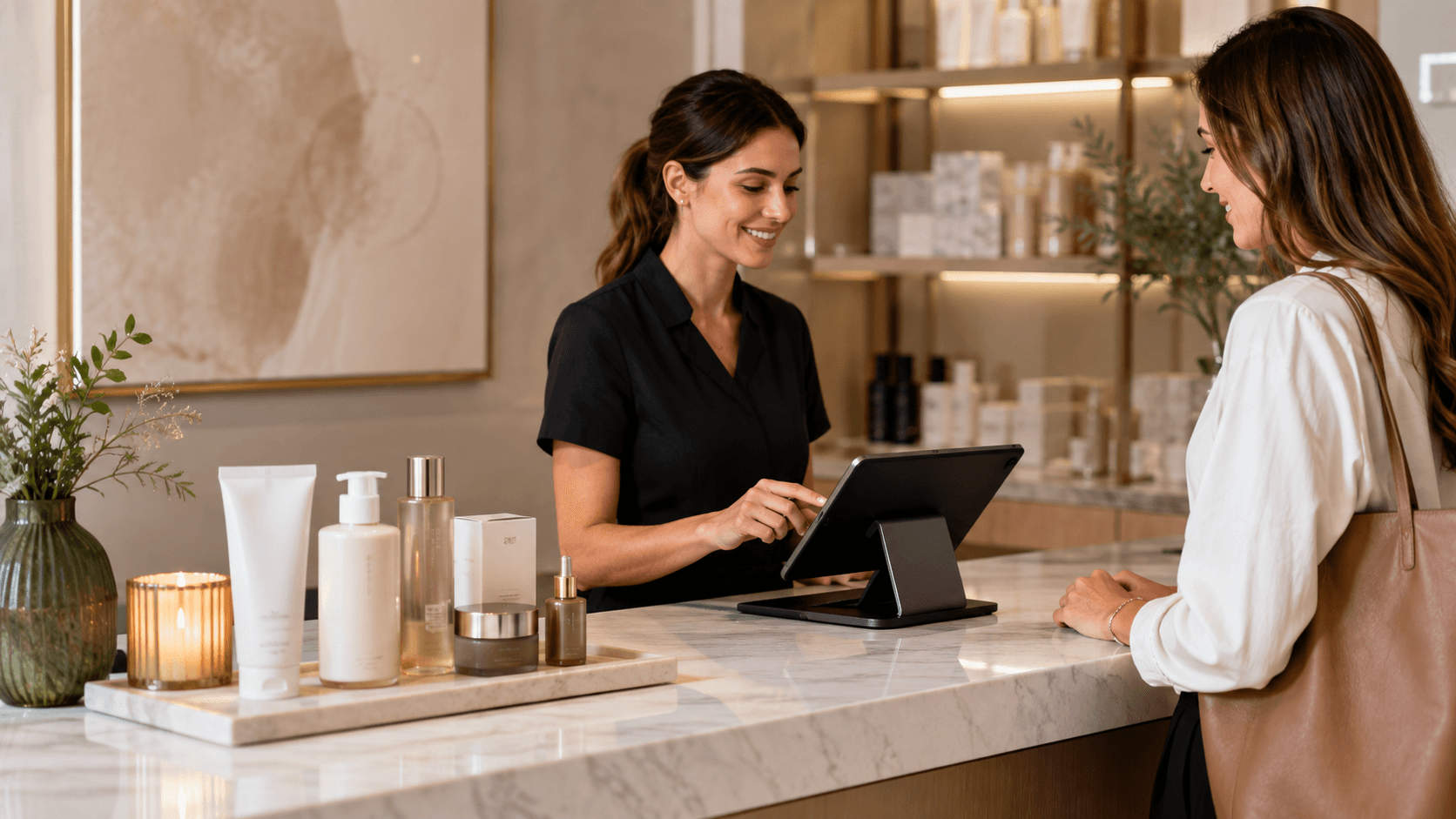Salon retail products displayed beside a tablet checkout system.