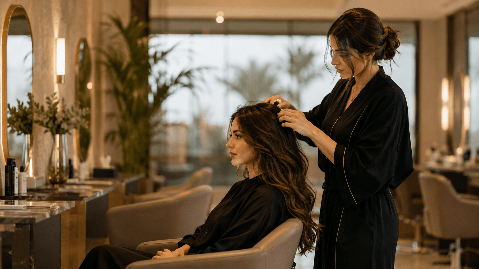 Professional stylist working naturally with a client in a premium salon.