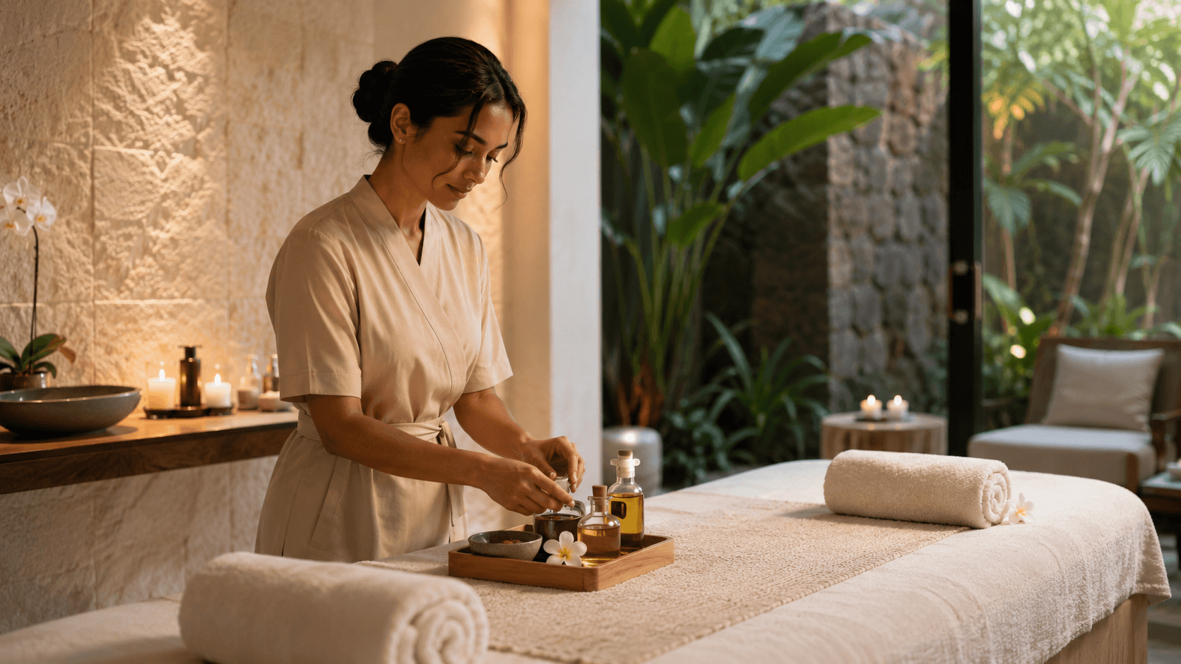 Therapist preparing oils and towels inside a calm treatment room.