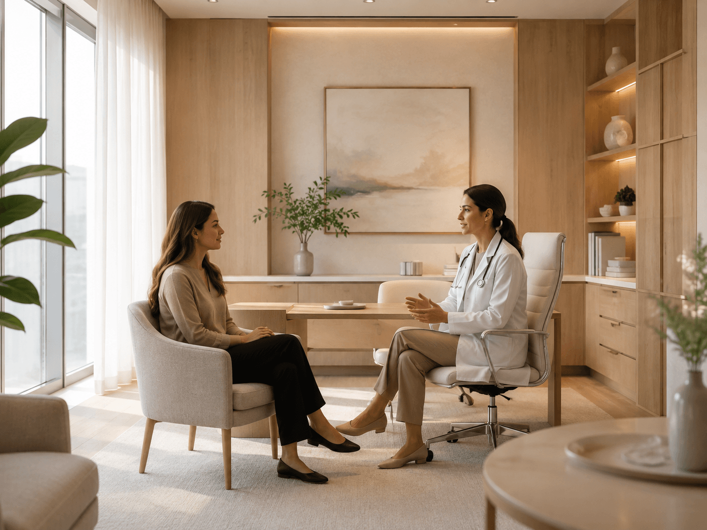 Practitioner discussing results with a patient in a bright consulting room.