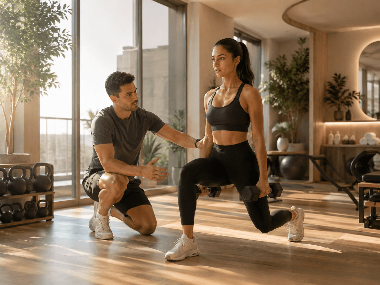 Trainer guiding a member through a strength exercise in a sunlit studio.