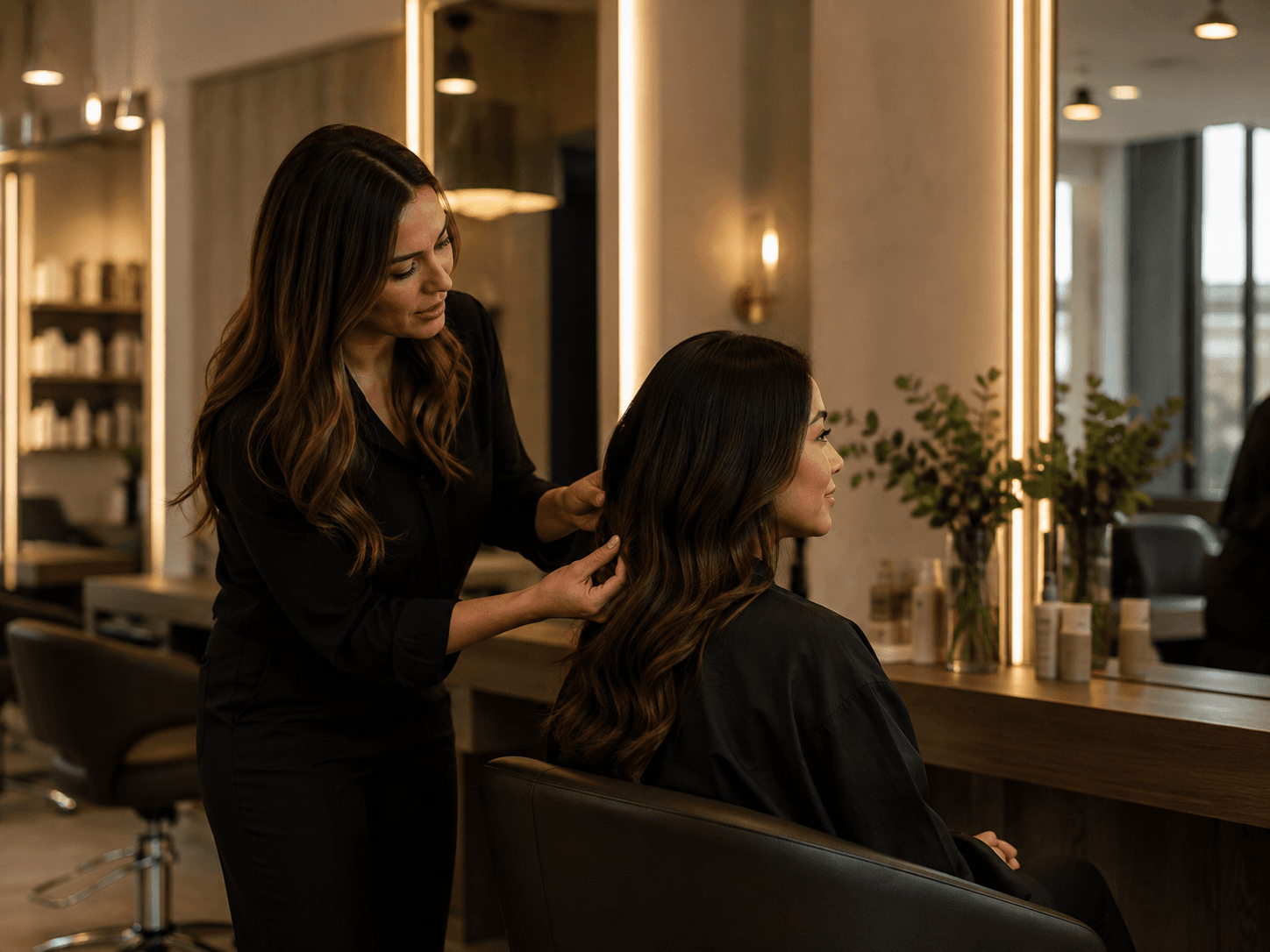 Stylist talking with a client at a mirrored salon station before her appointment begins.
