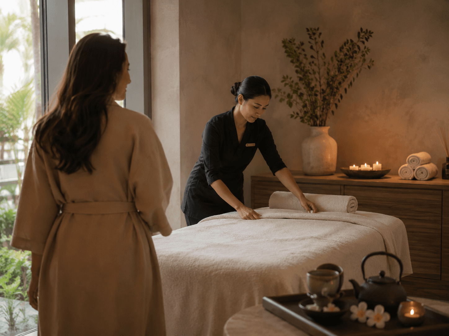 Spa therapist welcoming a robed guest into a warm treatment room.