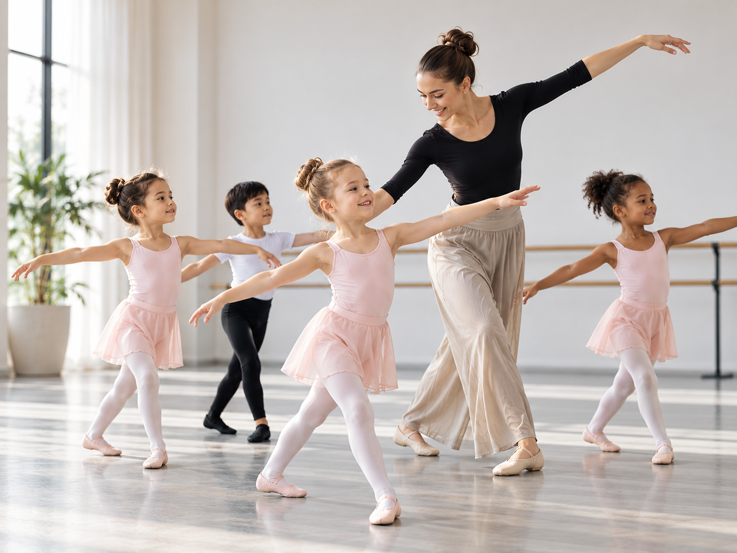 Children learning ballet in a dance studio.
