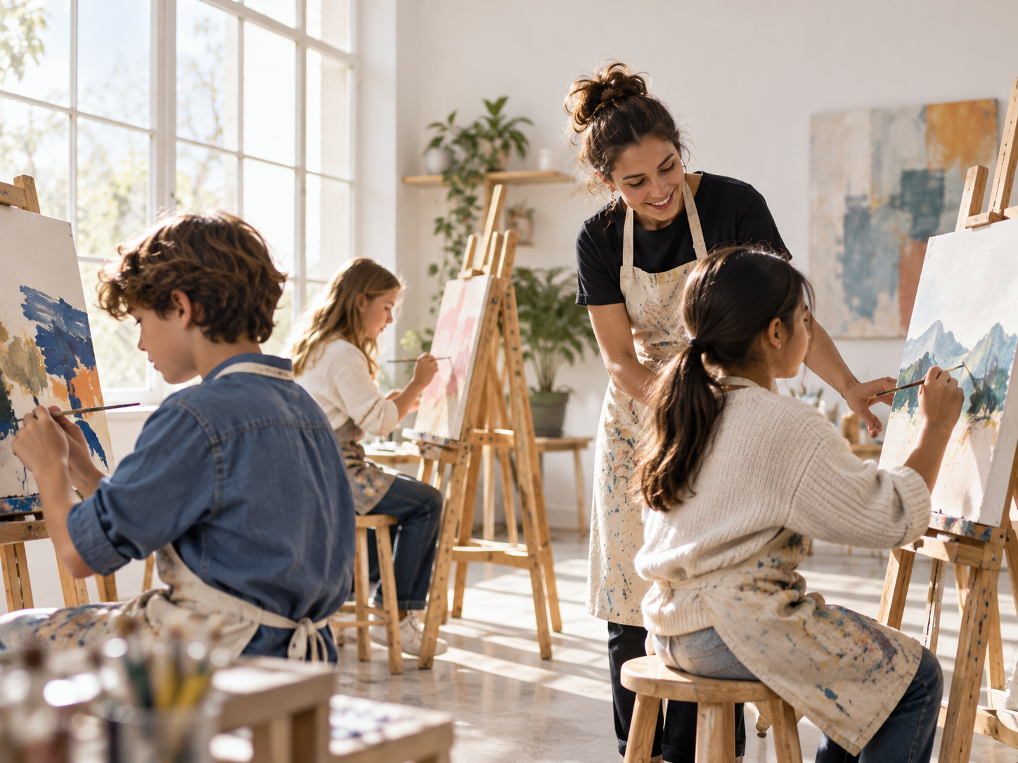 Children painting in a creative art class.