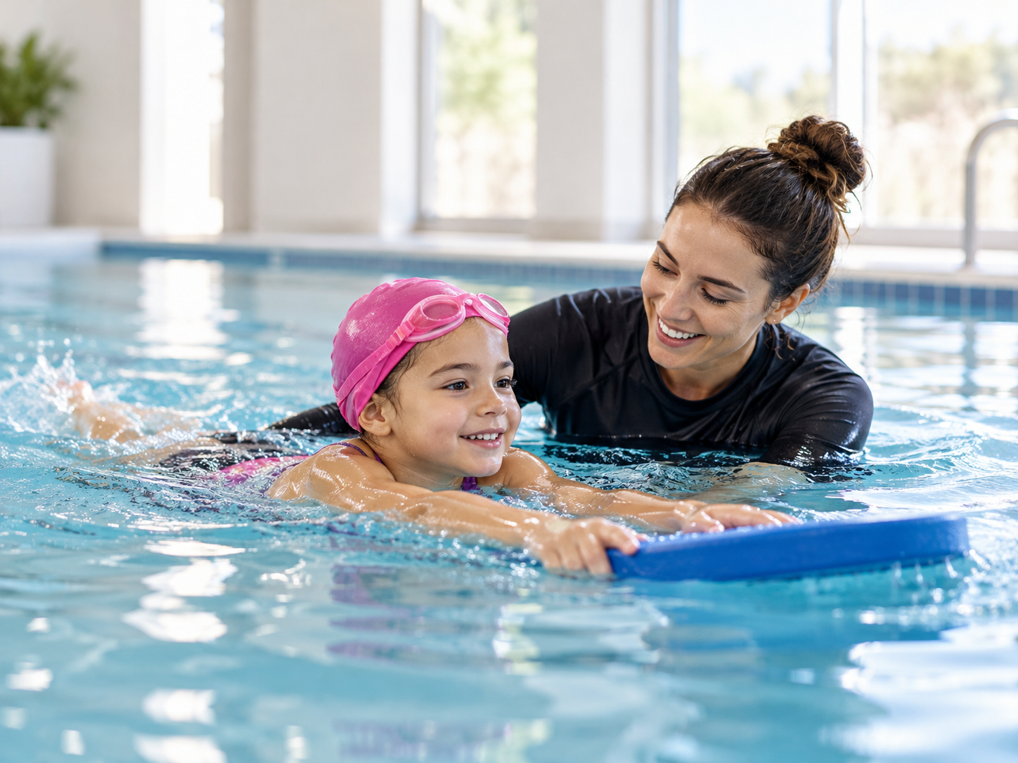 Swimming instructor coaching a child in a swimming pool.